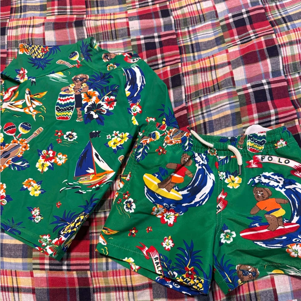 Polo by Ralph Lauren Green Plaid Tropical Bear Swim Trunks